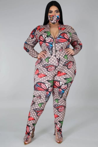 Image of Plus Size 5XL Butterfly Print Zipper Jumpsuits