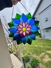 Image 2 of Large Stained-Glass Flower Mandala - Blue & Pink Layered Flower Window Hanging 