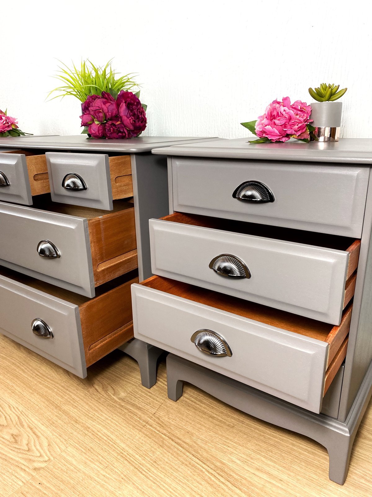 Stag Minstrel Bedroom Furniture Set, Grey Chest Of Drawers and Bedside Tables.