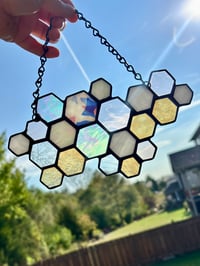 Image 4 of Stained Glass Honeycomb Suncatcher - Iridescent & Textured Glass Window Hanging Art Decor