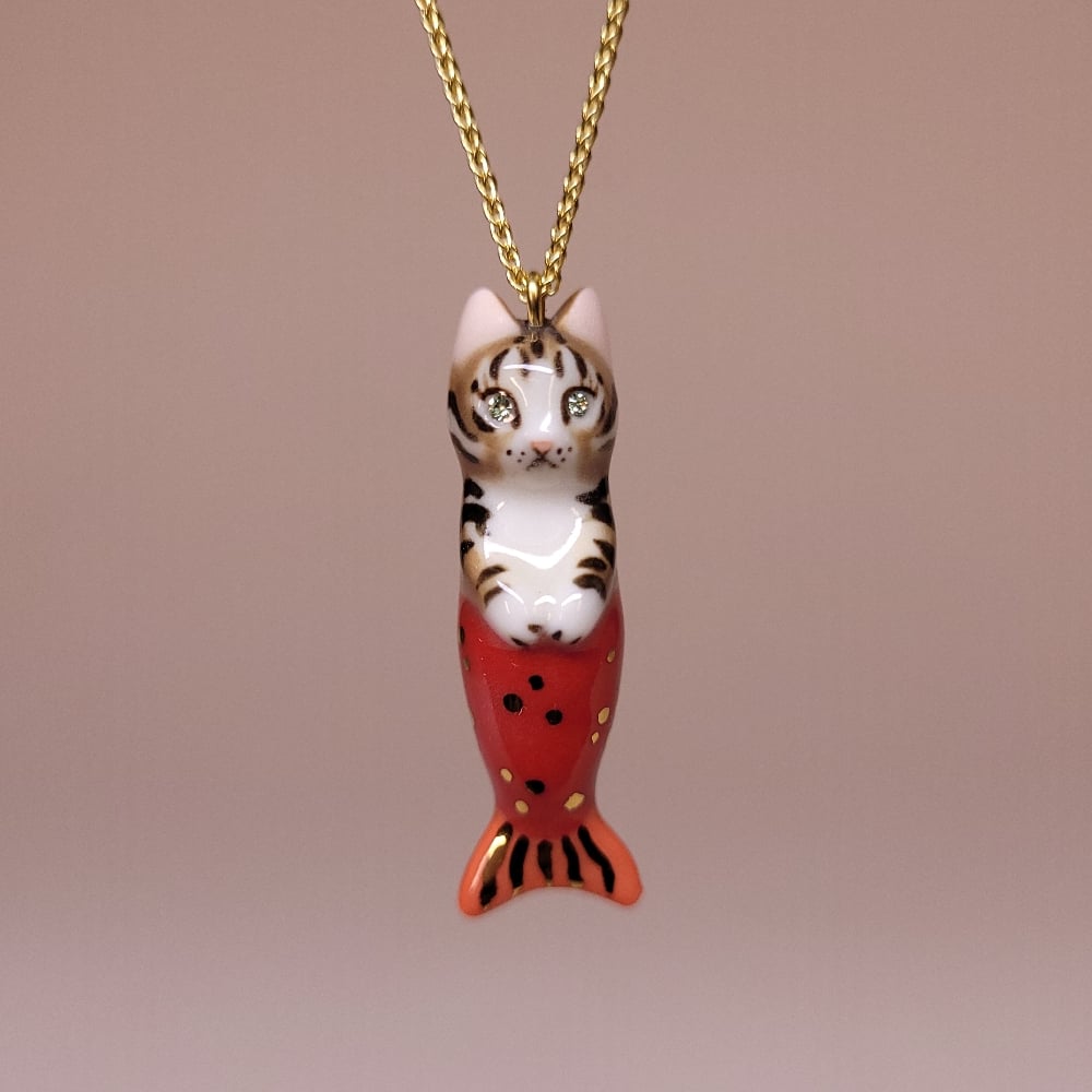 Image of Brown Tabby Purrmaid Porcelain & Gold Vermeil Pendant