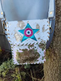 Image 1 of Woodstock cross body /passport bag - Cream with pink and turquoise star