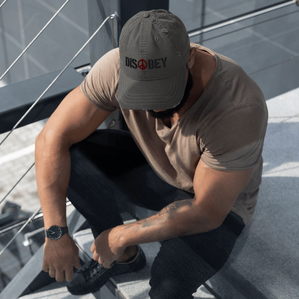 EMBROIDERED DISOBEY DISTRESSED HAT