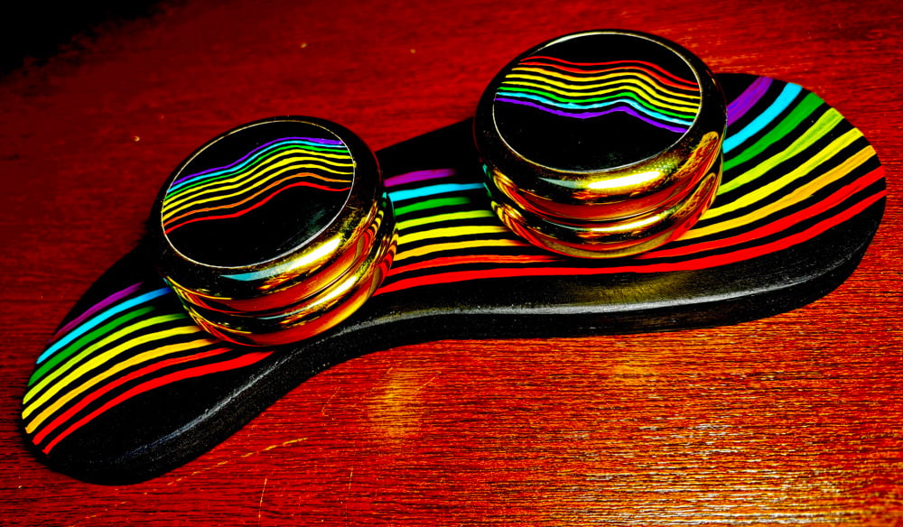 Image of Gold Loop 720 set with hand painted rainbow WAVES with display 