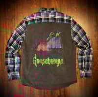 Upcycled “Goosebumps/Enter at Your Own Risk” t-shirt flannel