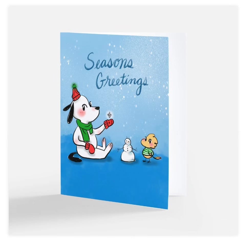 Image of White Dog and Yellow Bird Greeting Card (Blank)