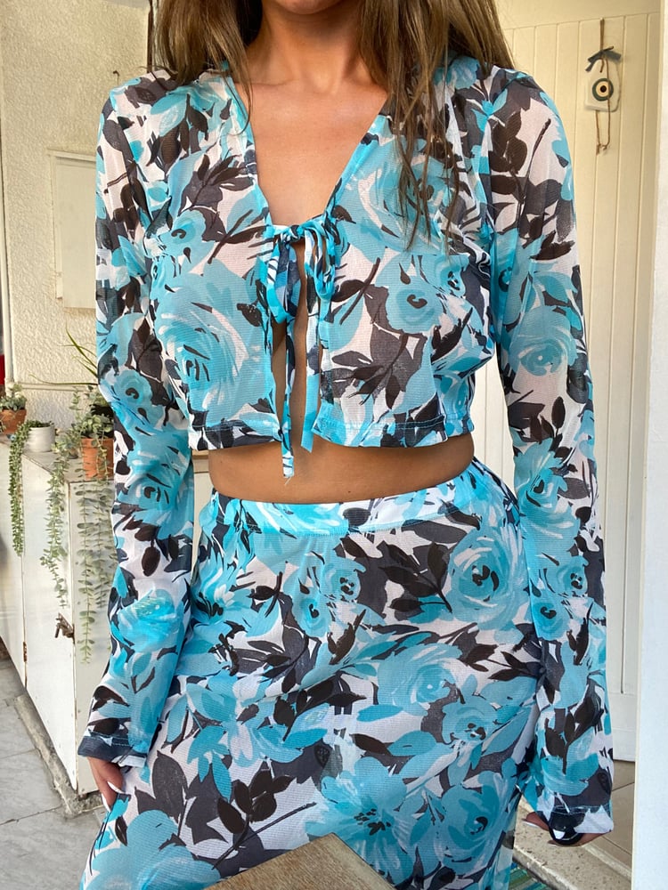 Image of Blue Floral Mesh Tie Front Cardi & Maxi Skirt Set