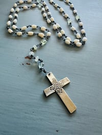 Image 1 of hand wrapped pearl and gemstone rosary style necklace with cross pendant