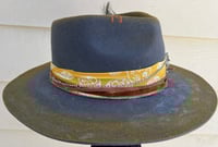 Image 2 of Handmade Torch Burned Yellow Fedora Hat, Yellow, Silver and Peacock Feather Band 