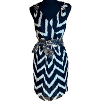 Image 1 of Milly Silk Chevron Print V Neck Sheath Dress with Metallic Accent- Size 2