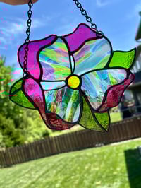 Image 1 of Flower Suncatcher with Handblown Fremont Glass - Stained Glass Pink & Green Floral Window Hanging 