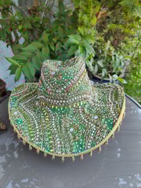 Image 5 of Dolly cowboy hat - recycled sari fabric Dark Green pearls