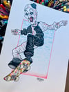 Art the Clown on a skateboard 