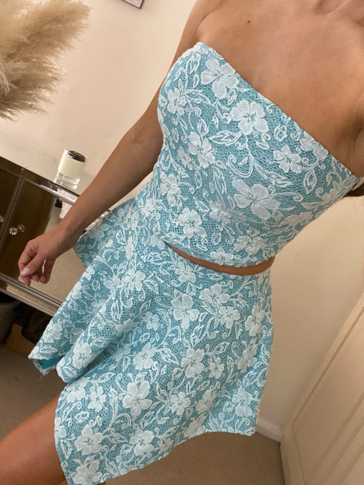 Image of Hanky Hem Bandeau Co-Ord In Sky Blue Textured Lace Effect