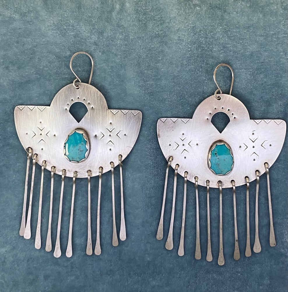 Image of Sterling Silver Fans w Turquoise and Tassels 