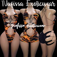 Image 1 of Rhinestone Lightning Print Bodysuit & Romper -Crystal Cutout Clubwear Set 