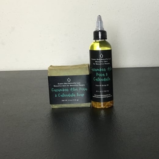 Image of Cucumber with Aloe Vera & Calendula Soap and Face & Body Oil Set w/ soap saver included