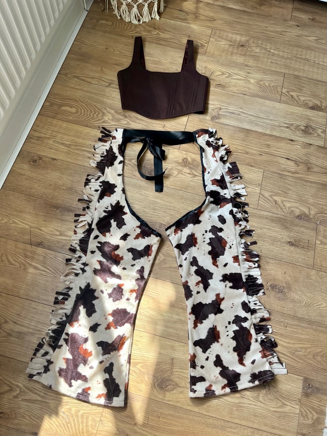 Multiple prints* cut out cowgirl chaps with fringing and ribbon belt