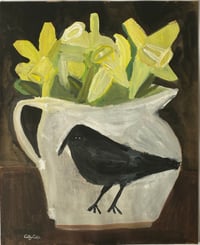 Large crow jug with pale daffodils 