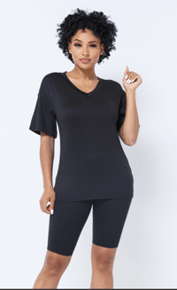 Black V Neck Basic T-Shirts Top and Bike Shorts Set