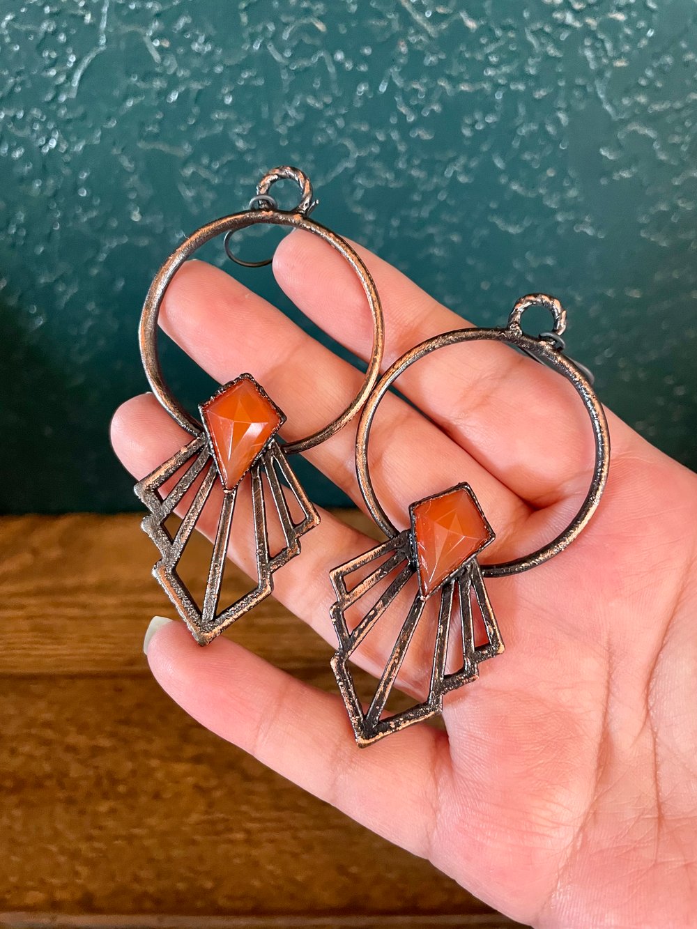 Carnelian Art Deco Hoop Earrings