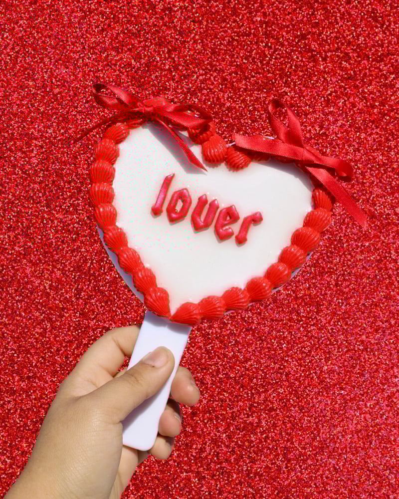 Image of White and Red VDay Cake Handheld Mirror