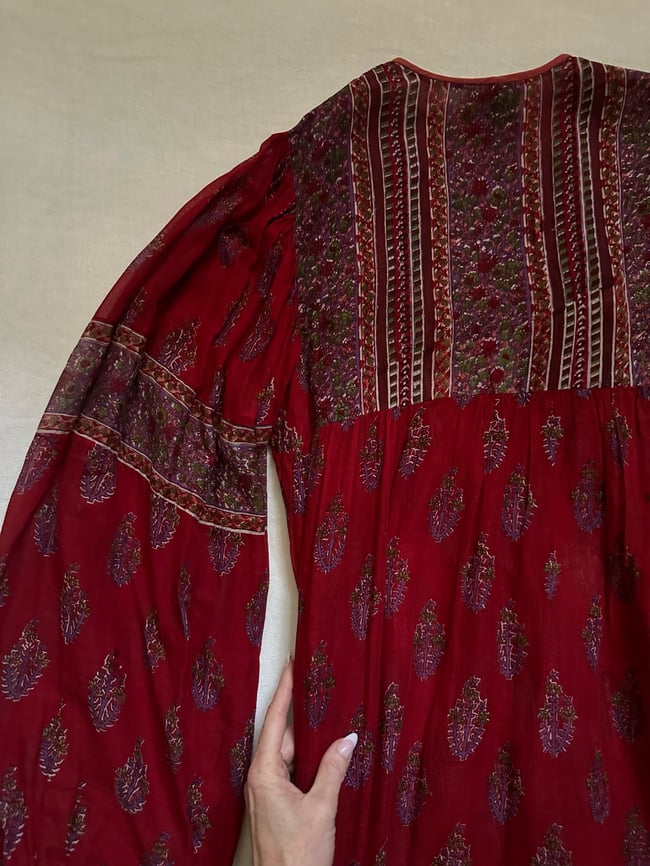 early 1970s Adini indian gauze scarlet poet sleeve dress