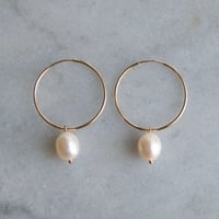 Image 1 of Large Gold Filled Hoops with Pearl Earrings 