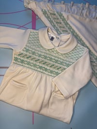 Image 2 of boys cream/mint smocked babygrow