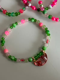 Image 5 of Watermelon Theme Green & Pink Tumbler Bracelet Stack with Gold Charms
