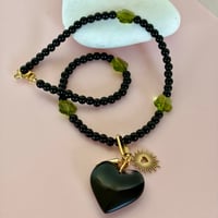 Image 1 of Black glass bead and green glass flower necklace with carabiner and heart 