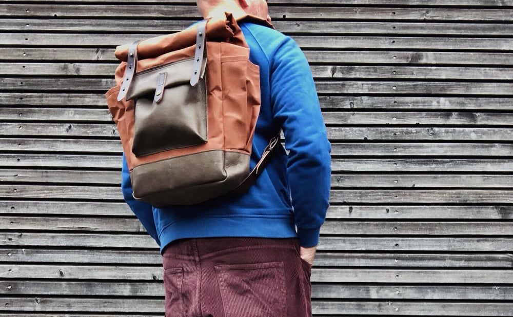 Image of Dry waxed canvas backpack /hipster backpack with roll up top and double bottle pocket
