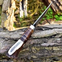 Image 3 of 9" Handmade Damascus Steel Skinner & Hunting Knife with Elk Antler Handle and Cowhide Leather Sheath
