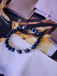 Image 1 of Black Blue Tiger Eye /Sterling Silver Bracelet/ Men  Stretch Bracelet