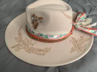Image 2 of "Escogida, Redimida, Amada" Hand-Burned Felt Wide Brim Fedora Hat