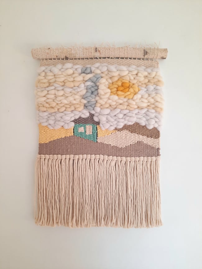 Chimney smoke & the winter day. Woven wall hanging.