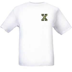 Image of Camo varsity X emblem shirt. 