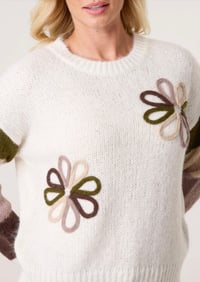 Image 3 of Embroidered Flower Stripe Sleeve Jumper Khaki