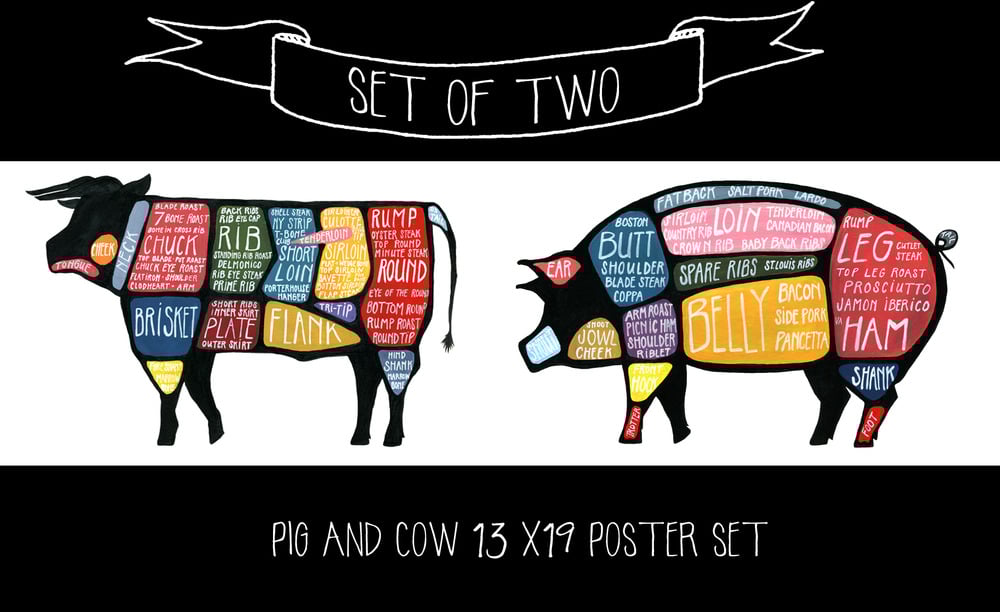 Image of Set of TWO - Pig and Cow Butchery Diagrams