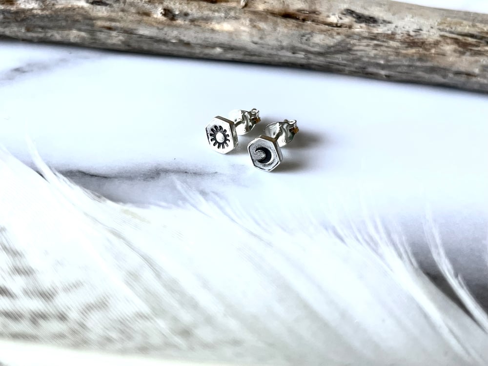 Image of Handmade Sterling Silver Tiny Sun & Crescent Moon Stud Earrings 
