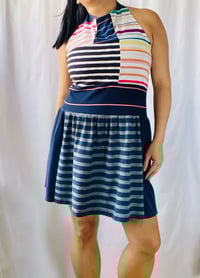 Image 4 of rainbow navy courtneycourtney adult size M/L medium large gathered flouncy halter dress sundress