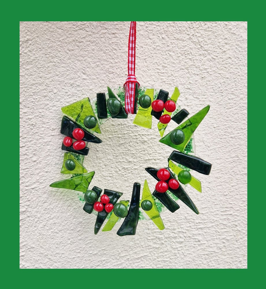 Image of Fused Glass Abstract Holly Wreath