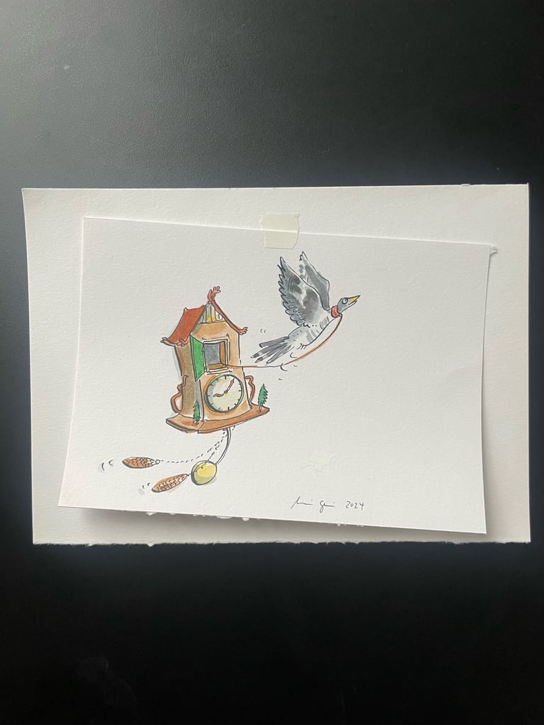 Originalzeichnung Tusche und Aquarell auf Papier "Kuckuck"