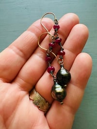 Image 5 of ruby and Tahitian pearl dangle earrings by peacesofindigo