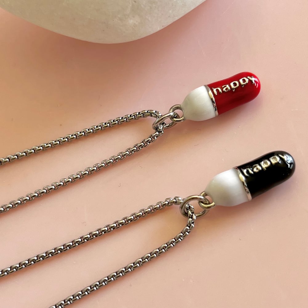Image of Happy Pill Necklace Silver - Red or Black