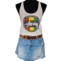 Image 1 of Vintage 1990s Stussy White Tank Top - Rydim for Jah Irie Feeling - Size Small