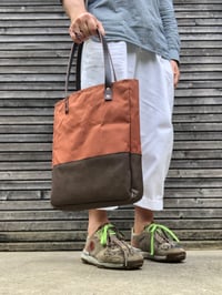 Image 1 of Dry waxed canvas tote bag with leather base and inside zipper pocket