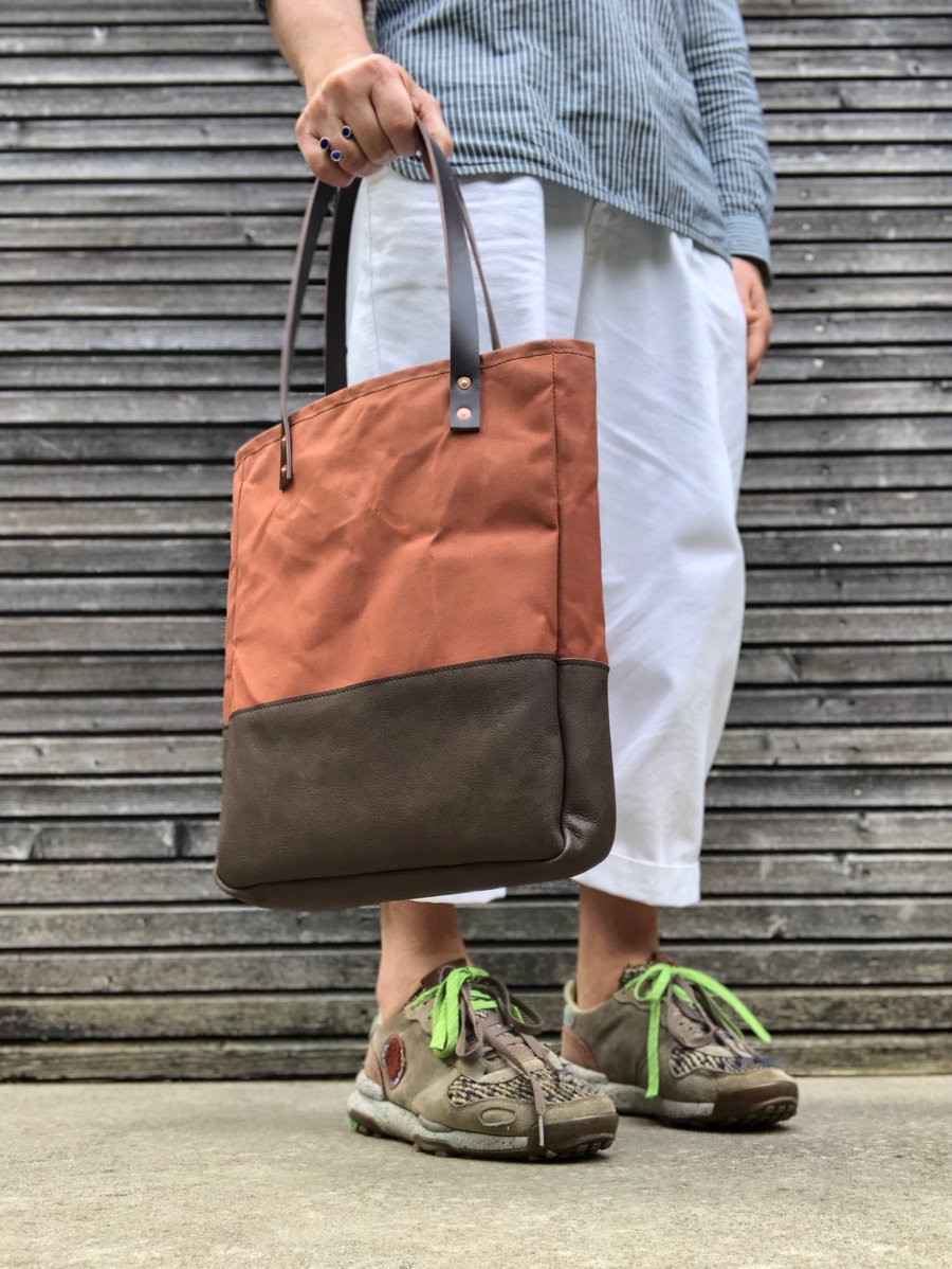 Image of Dry waxed canvas tote bag with leather base and inside zipper pocket
