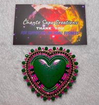 Image 4 of Hand Polished Dark Green Heart Beaded Earrings