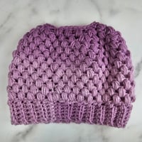 Image 2 of purple ponytail crocheted hat